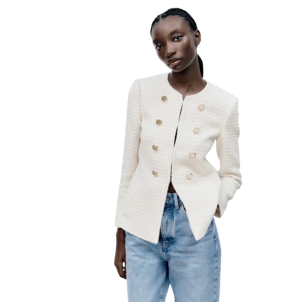Zara - NWT Elegant Cream Textured Blazer Jacket Sz XL
